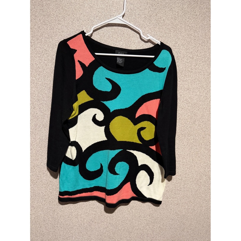 RQT‎ Colorful Knit Top Women's Large Abstract Pattern 3/4 Sleeve